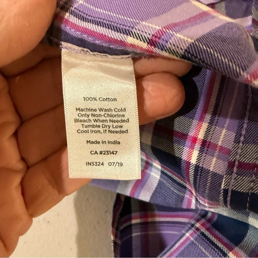 Talbots Plaid Button Up Shirt Purple Navy Cotton Long Sleeve Women’s Size L - Picture 9 of 11